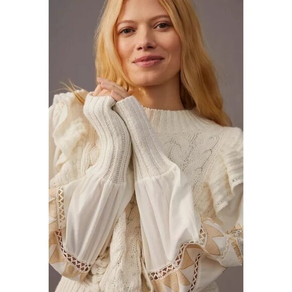 Anthropologie Cable Knit Ivory Ruffle Puff Sleeve Lace Sweater Size XS NWT BOHO - Picture 4 of 6